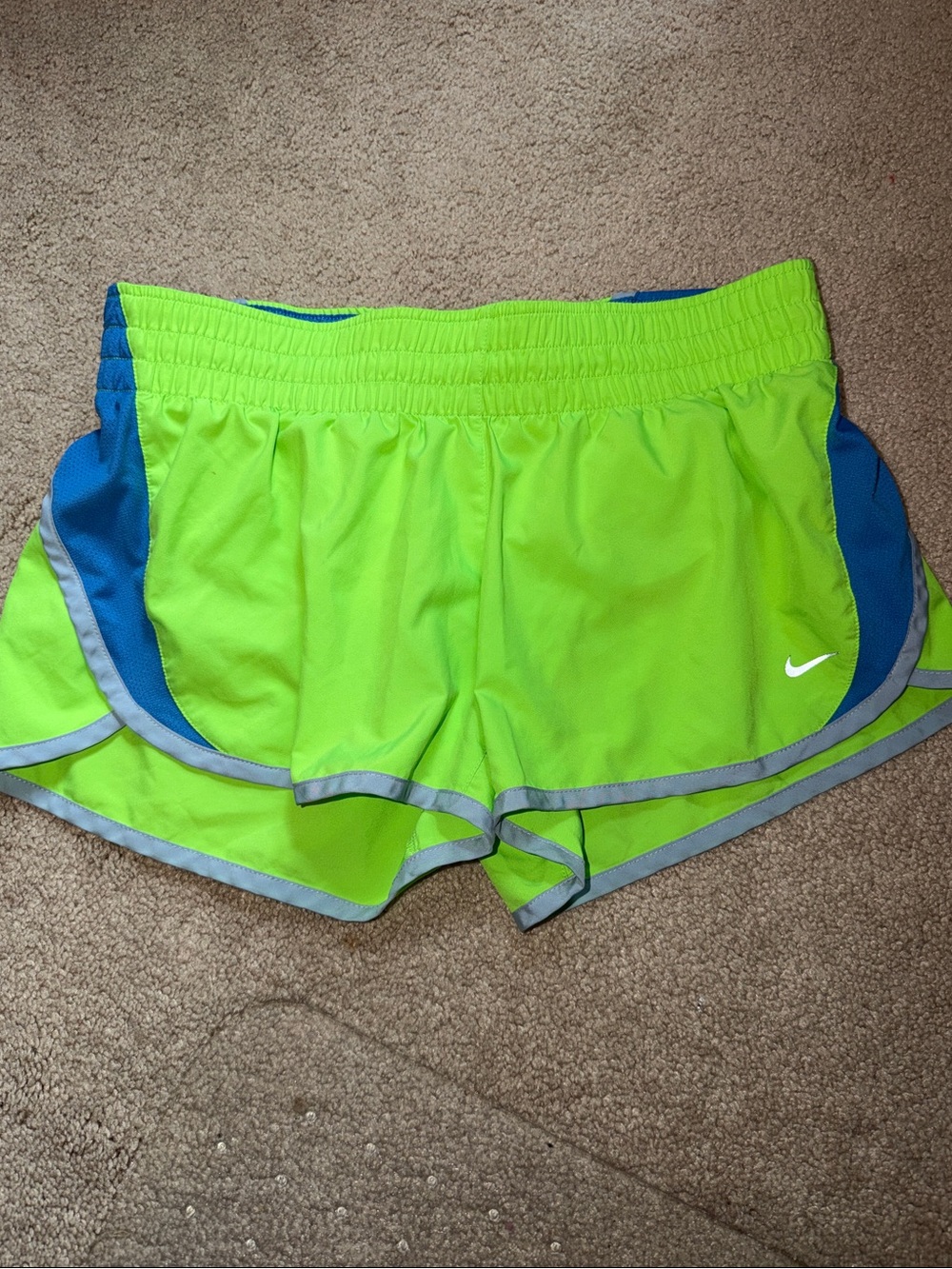 Nike Women's Neon Green Athletic Shorts with Blue Side Panel size medium